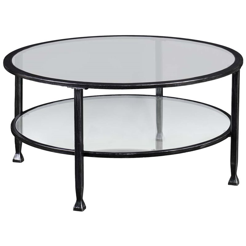 Maklaine Transitional Round Glass Top Coffee Table in Black