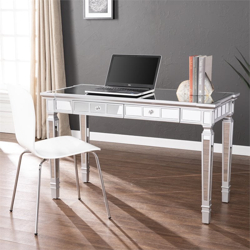 Maklaine Transitional Glam Writing Desk in Mirrored / Matte Silver