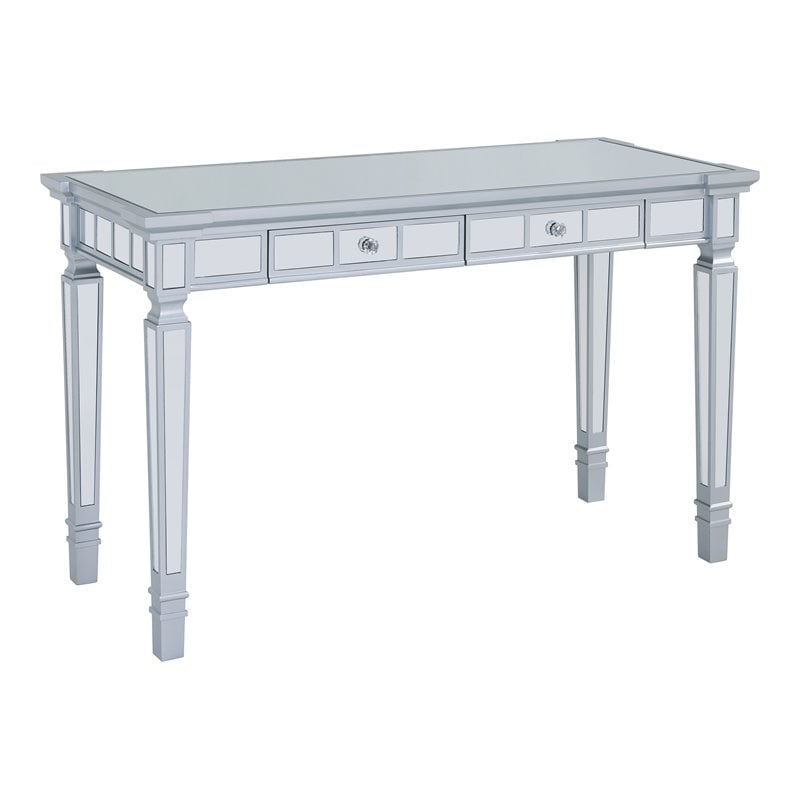Maklaine Transitional Glam Writing Desk in Mirrored / Matte Silver