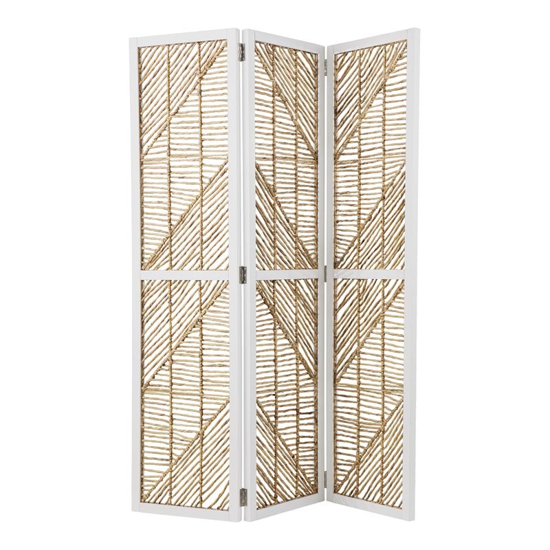 Maklaine Transitional Woven Room Divider Screen in White / Natural