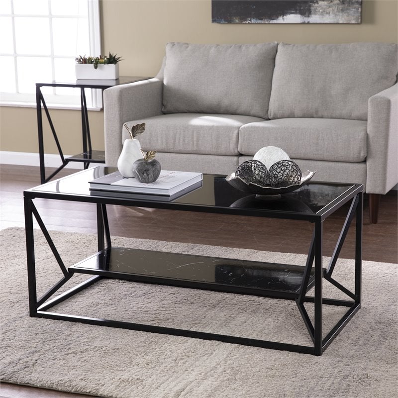 Maklaine Transitional Metal Cocktail Table with Glass Top in Black