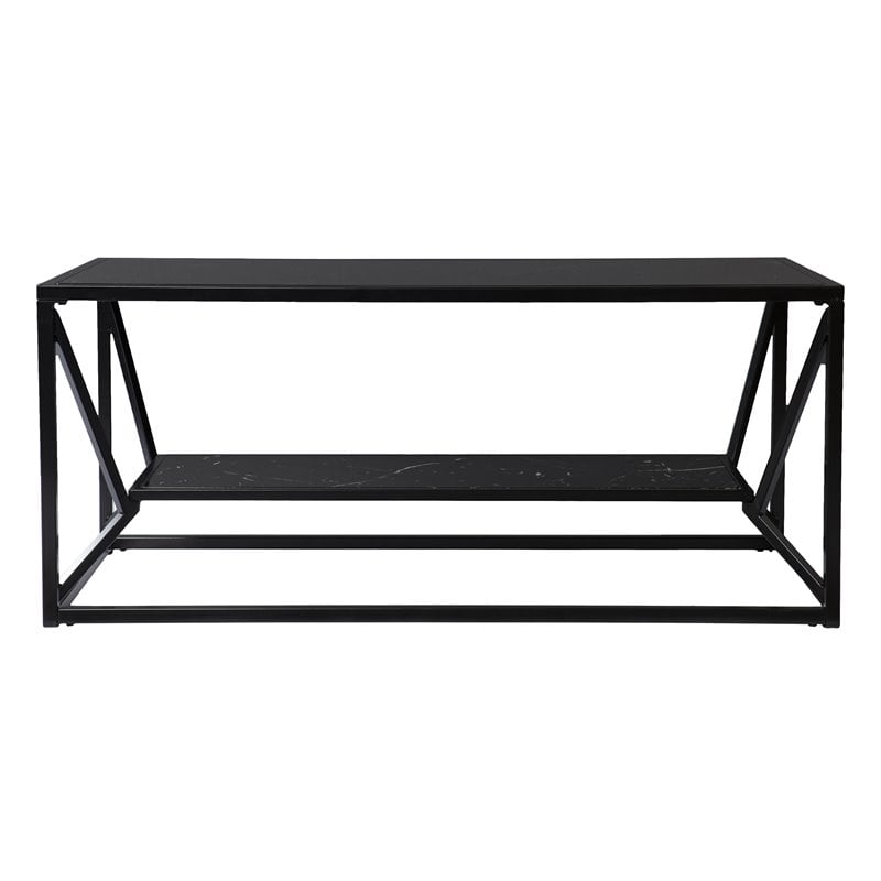 Maklaine Transitional Metal Cocktail Table with Glass Top in Black