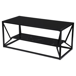 maklaine transitional metal cocktail table with glass top in black