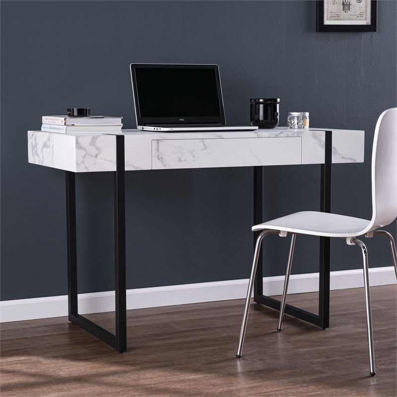 Maklaine Modern / Contemporary Desk in Black with White Faux Marble