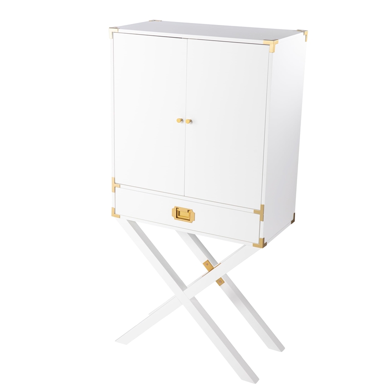 Maklaine Transitional Tall Bar Cabinet with Storage in White / Gold