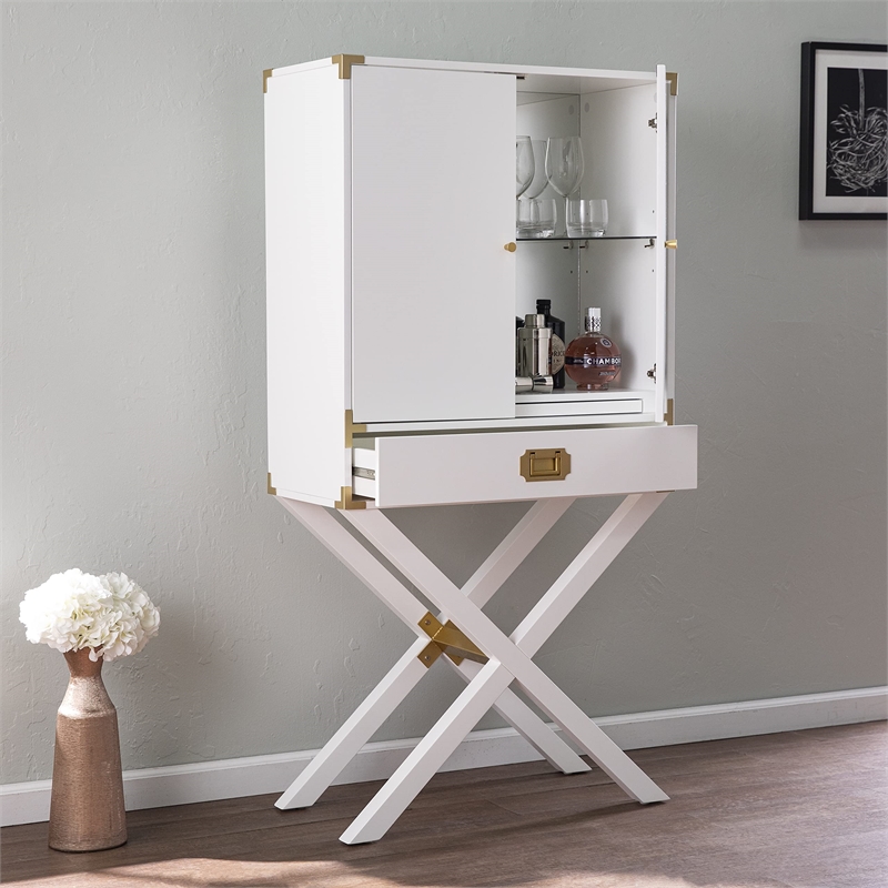 Maklaine Transitional Tall Bar Cabinet with Storage in White / Gold