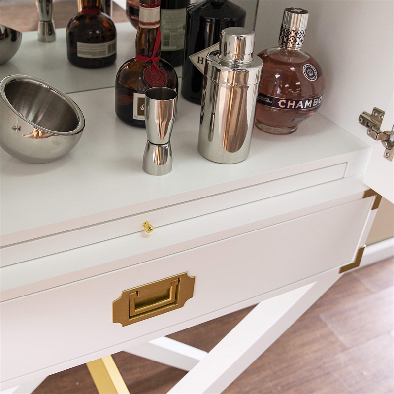 Maklaine Transitional Tall Bar Cabinet with Storage in White / Gold