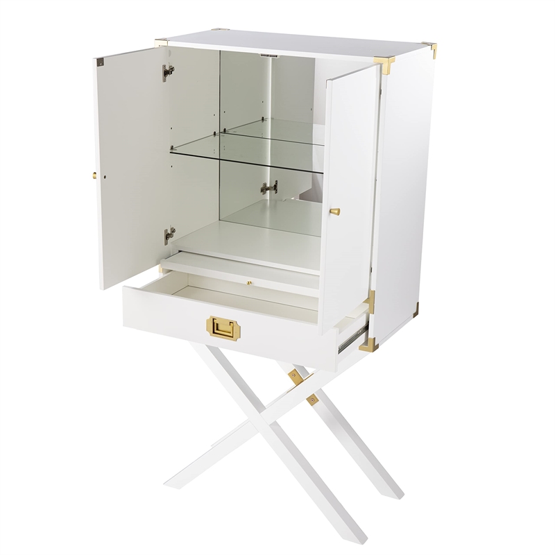 Maklaine Transitional Tall Bar Cabinet with Storage in White / Gold