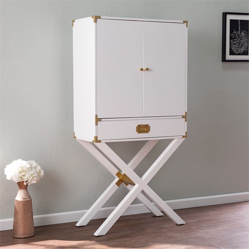 Maklaine Transitional Tall Bar Cabinet with Storage in White / Gold
