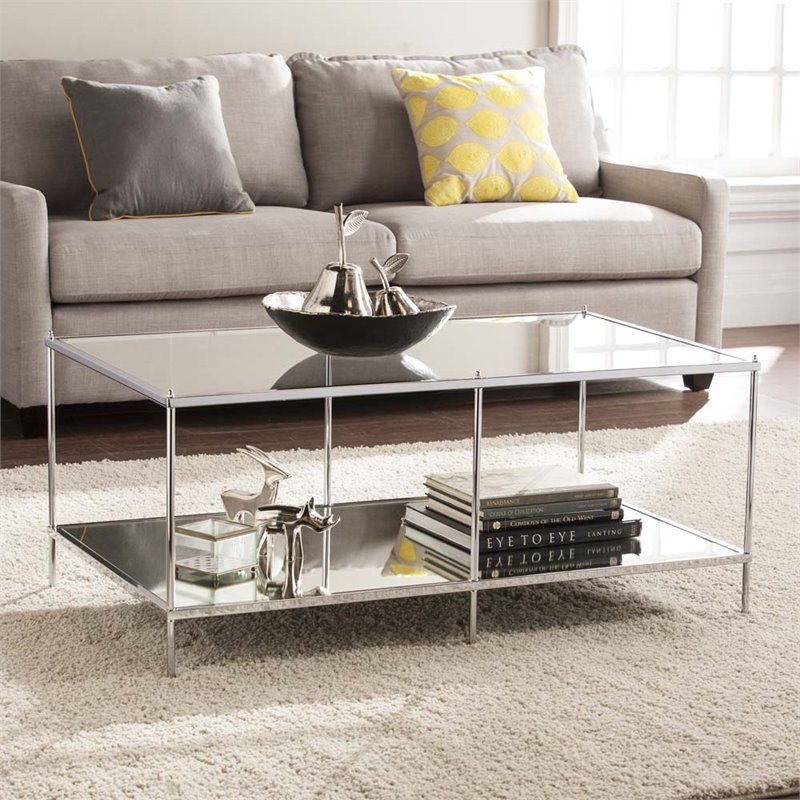 Maklaine Glam Mirrored Coffee Table in Chrome