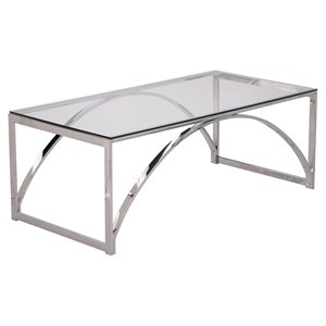 maklaine transitional metal cocktail table with glass top in silver