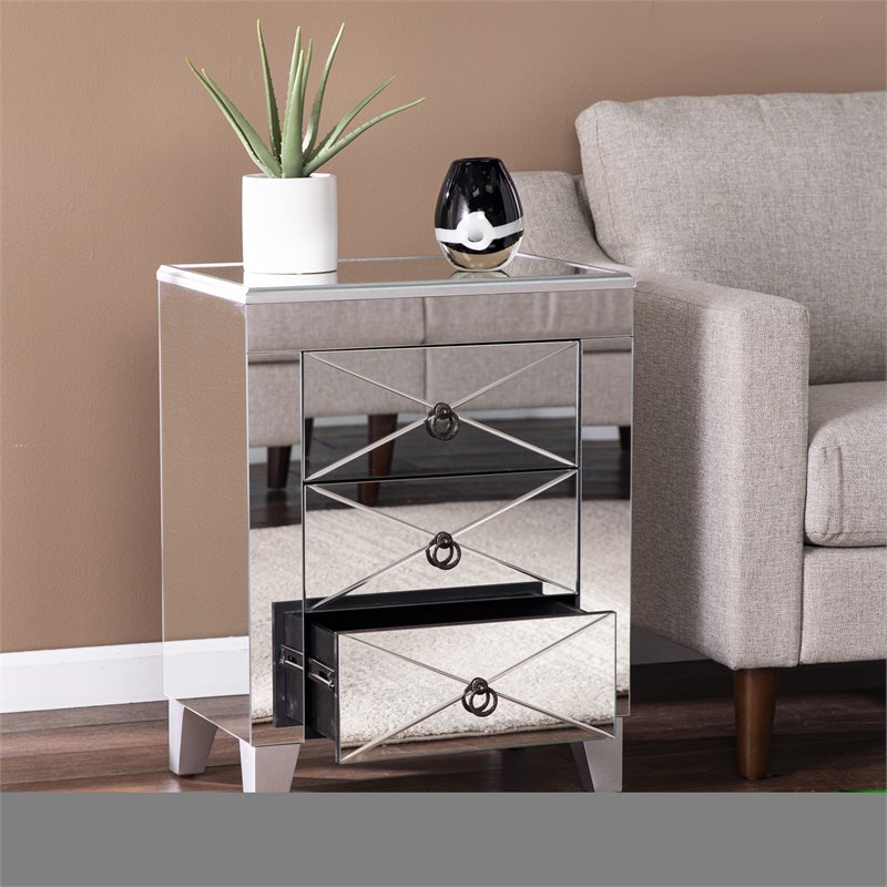 Maklaine Transitional Wood - Mirror End Table with Drawers in Silver