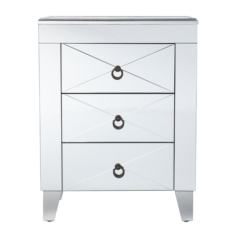 Maklaine Transitional Wood - Mirror End Table with Drawers in Silver