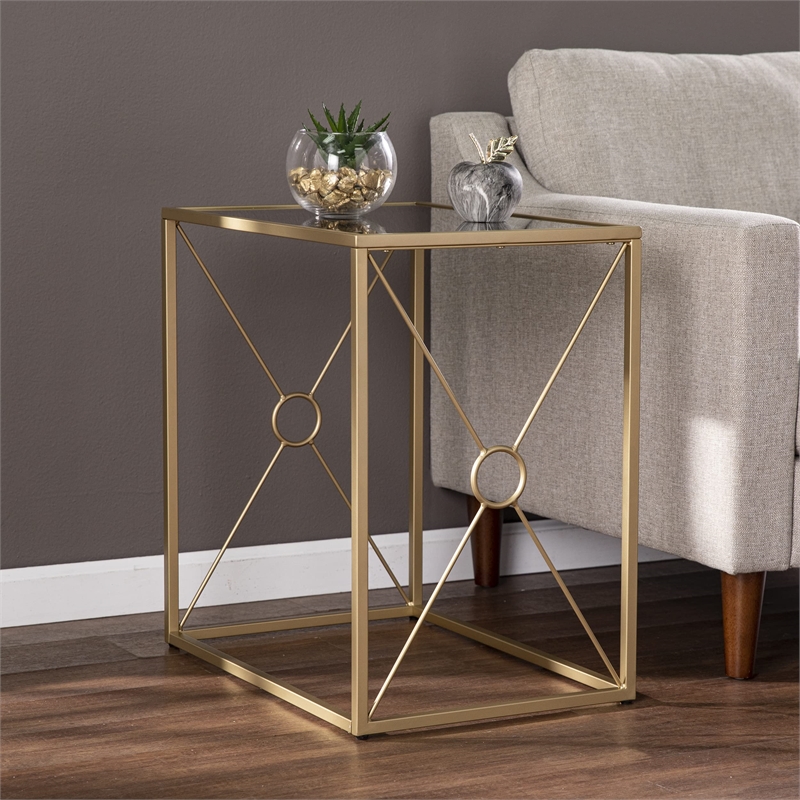 Maklaine Transitional Mirror Top End Table in Antiqued Mirror - Gold