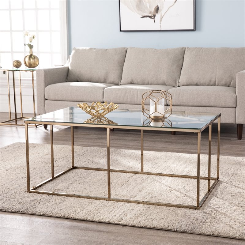 Maklaine Transitional Tempered Glass Top Cocktail Table in Champagne