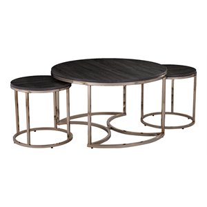 Maklaine Round Metal Nested Coffee Table Set in Champagne / Espresso