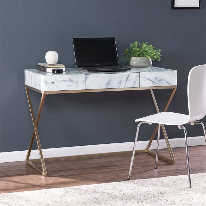 Maklaine Transitional Writing Desk in Gold / Gray / White Faux Marble