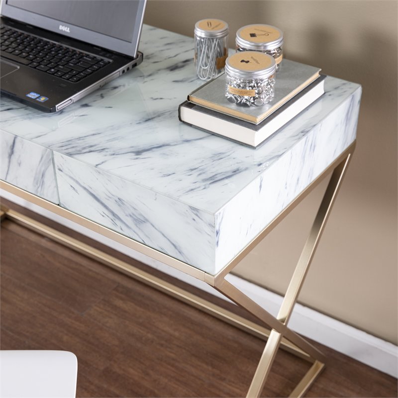 Maklaine Transitional Writing Desk in Gold / Gray / White Faux Marble