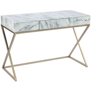 Maklaine Transitional Writing Desk in Gold / Gray / White Faux Marble