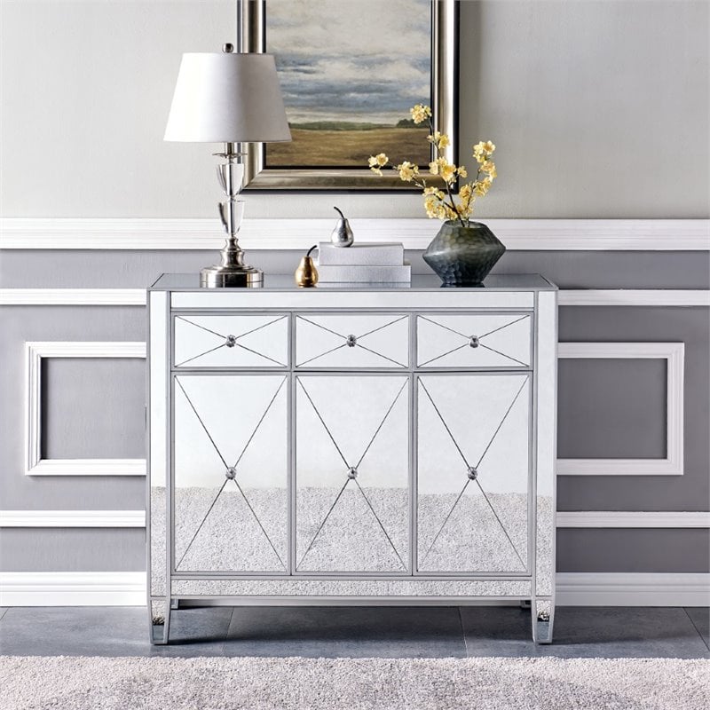 Maklaine Transitional 3-Door Mirrored Glass Sideboard in Matte Silver