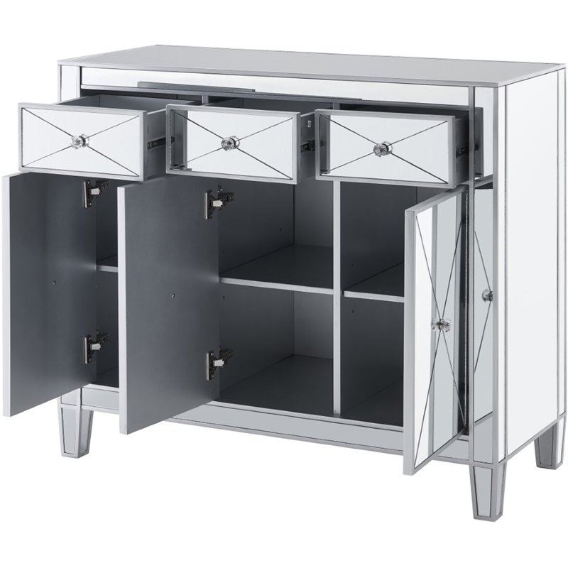 Maklaine Transitional 3-Door Mirrored Glass Sideboard in Matte Silver