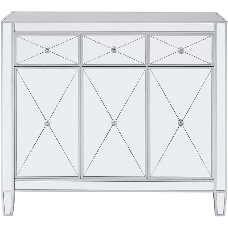 Maklaine Transitional 3-Door Mirrored Glass Sideboard in Matte Silver