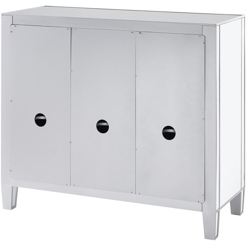Maklaine Transitional 3-Door Mirrored Glass Sideboard in Matte Silver