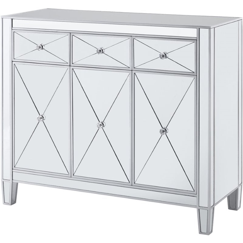 Maklaine Transitional 3-Door Mirrored Glass Sideboard in Matte Silver