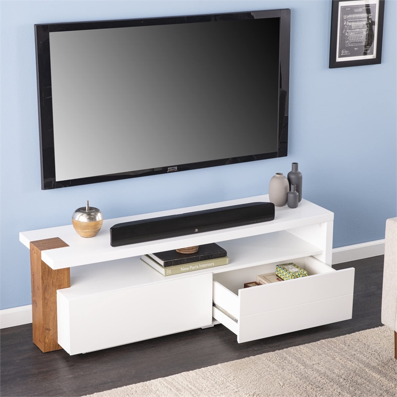 Maklaine Transitional Media Stand with Storage in White / Brown Finish