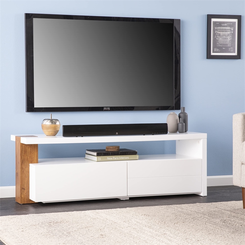 Maklaine Transitional Media Stand with Storage in White / Brown Finish