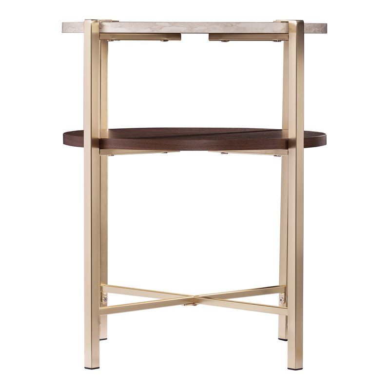 Maklaine Round White Faux Travertine End Table in Brass / Dark Tobacco