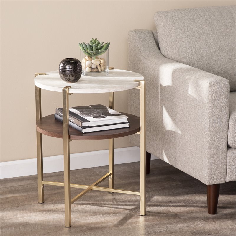 Maklaine Round White Faux Travertine End Table in Brass / Dark Tobacco