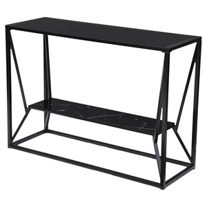 Maklaine Transitional Metal Long Console Table with Glass Top in Black