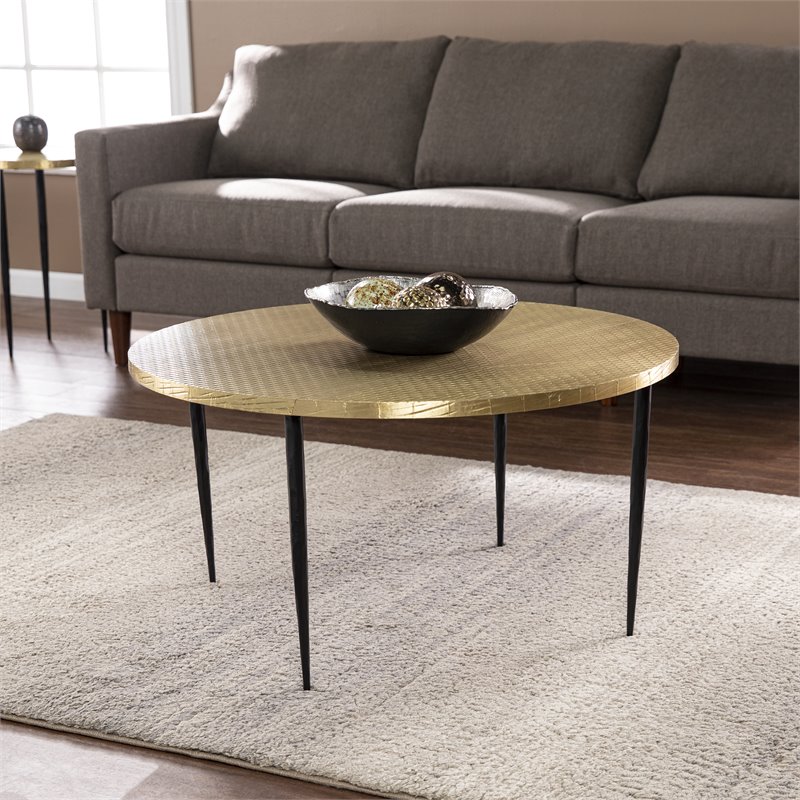 Maklaine Transitional Round Metal Embossed Top Cocktail Table in Bronze