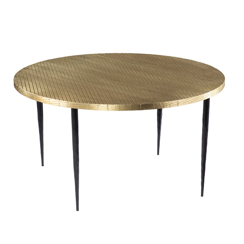 Maklaine Transitional Round Metal Embossed Top Cocktail Table in Bronze