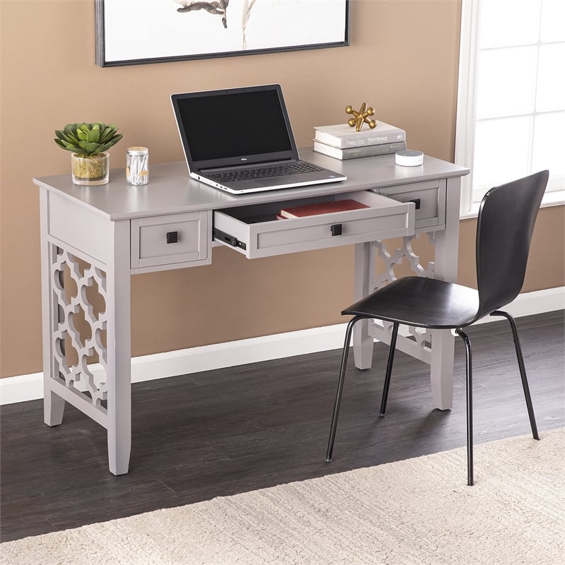 Maklaine Transitional Engineered Wood Writing Desk with Storage in Gray
