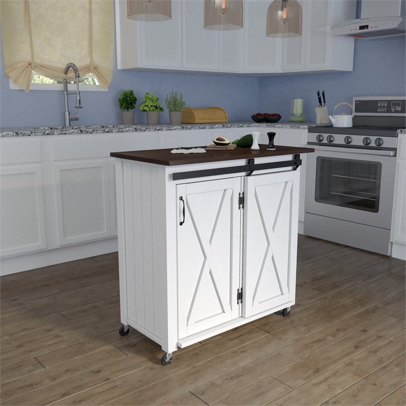 Maklaine Engineered Wood Barn - Door Kitchen Cart in Dark Brown / White