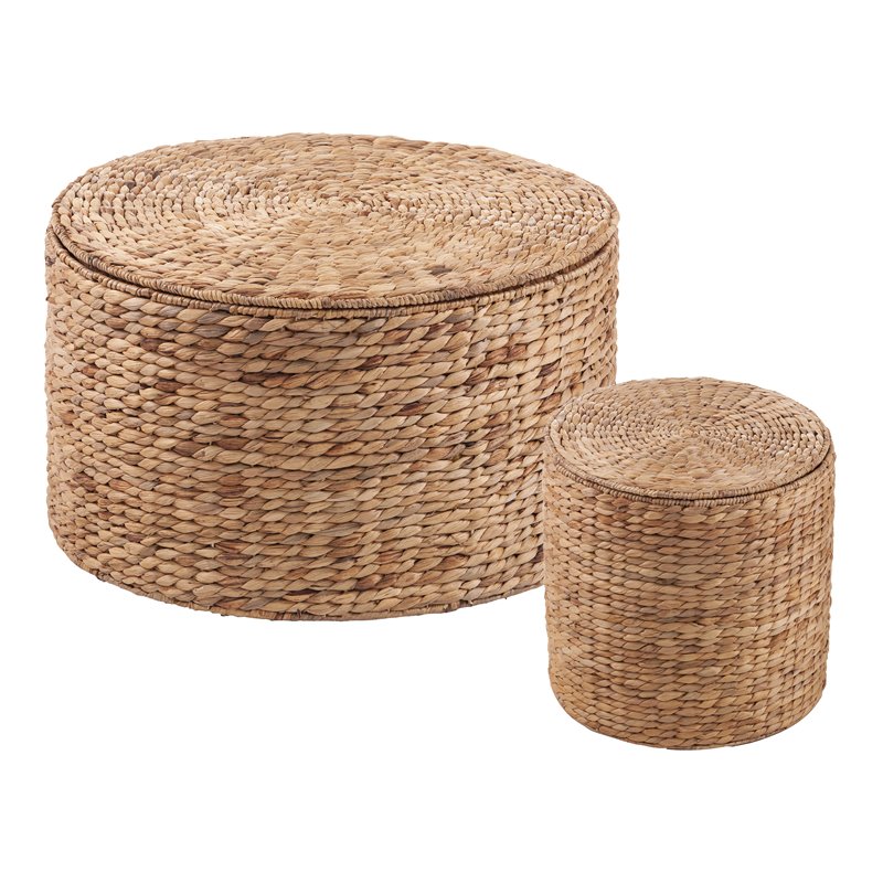 Maklaine Transitional 2-Piece Round Water Hyacinth Storage Set in Natural