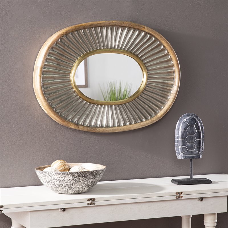 Maklaine Transitional Oval Contemporary Wood Decorative Mirror in Silver