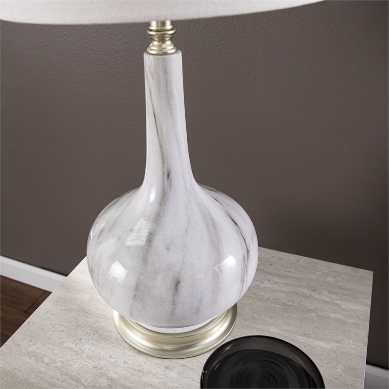 Maklaine Transitional Table Lamp with Drum Shade in White / Gray / Silver