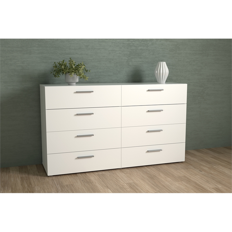 Maklaine Contemporary 8 Drawer Double Dresser in White Finish
