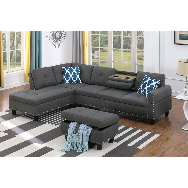 Maklaine Polyester Fabric Sectional Sofa with Ottoman in Gray