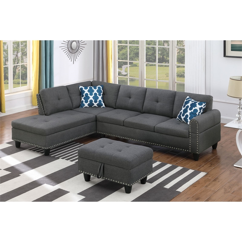 Maklaine Polyester Fabric Sectional Sofa with Ottoman in Gray