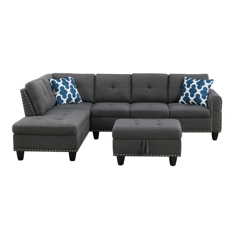 Maklaine Polyester Fabric Sectional Sofa with Ottoman in Gray