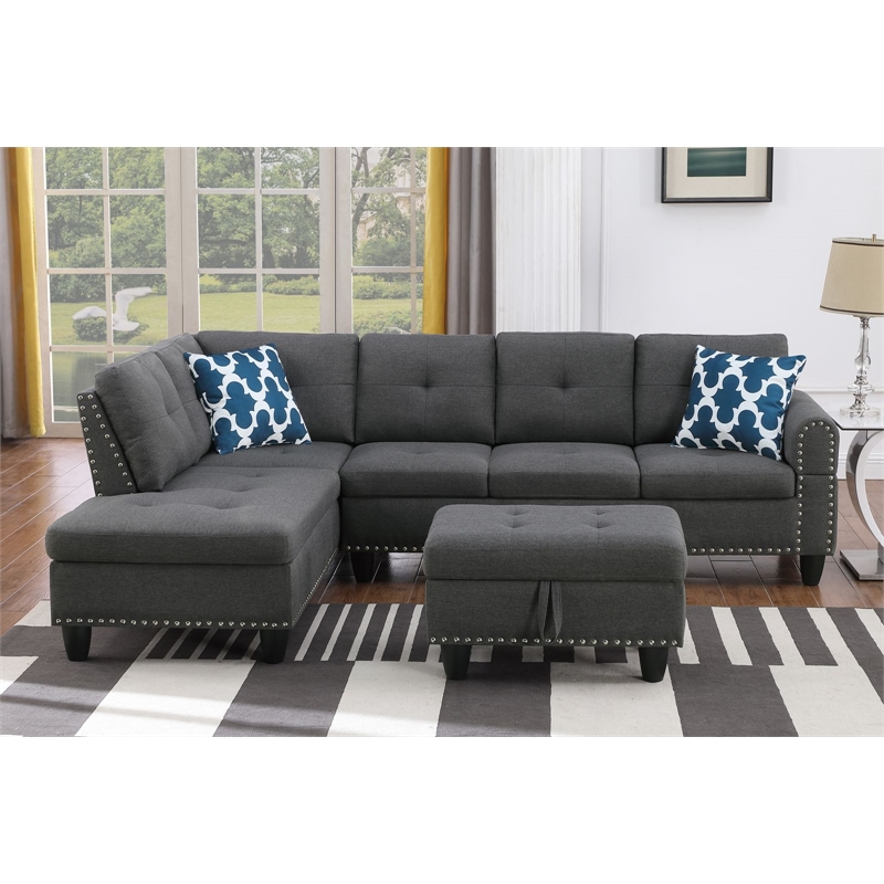 Maklaine Polyester Fabric Sectional Sofa with Ottoman in Gray