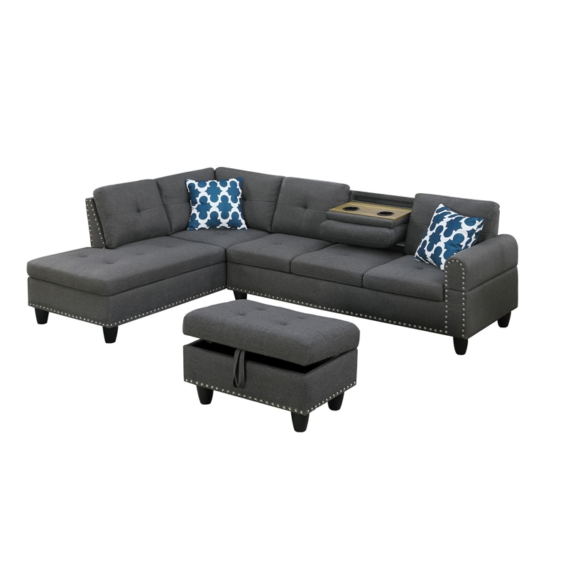 Maklaine Polyester Fabric Sectional Sofa with Ottoman in Gray