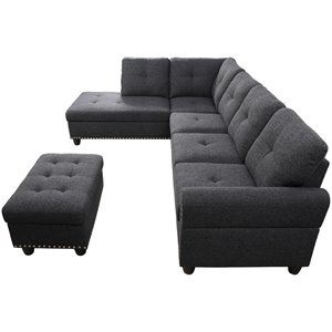 Maklaine Polyester Fabric Sectional Sofa with Ottoman-Dark Gray