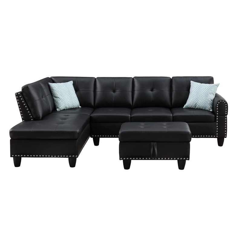 Maklaine Faux Leather Sectional Sofa with Ottoman in Black Finish