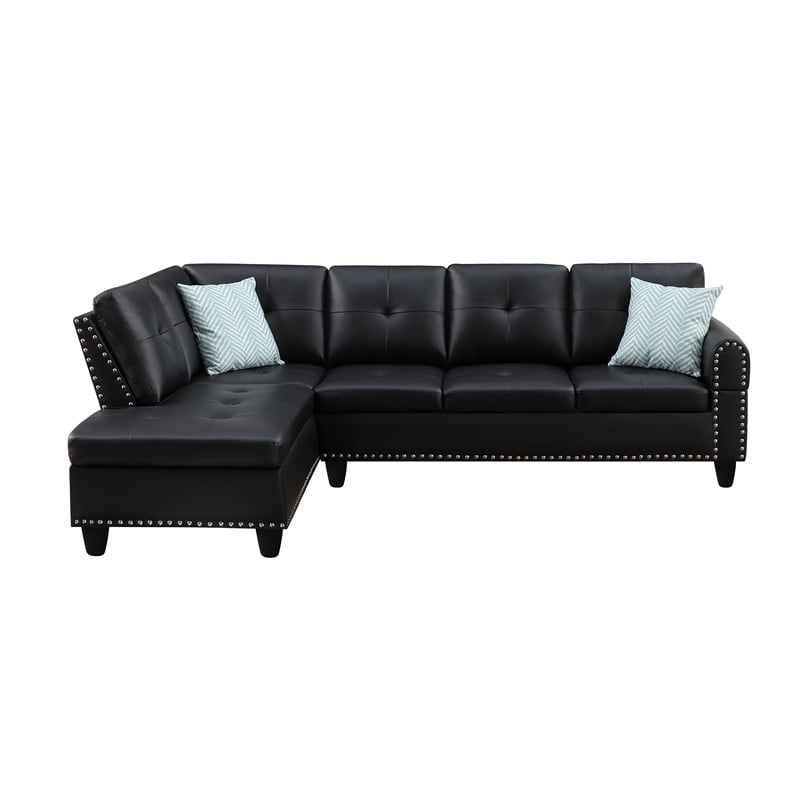 Maklaine Faux Leather Sectional Sofa with Ottoman in Black Finish