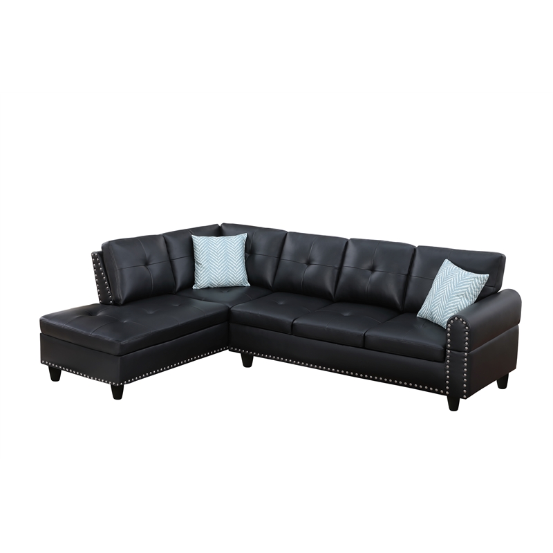 Maklaine Faux Leather Sectional Sofa with Ottoman in Black Finish